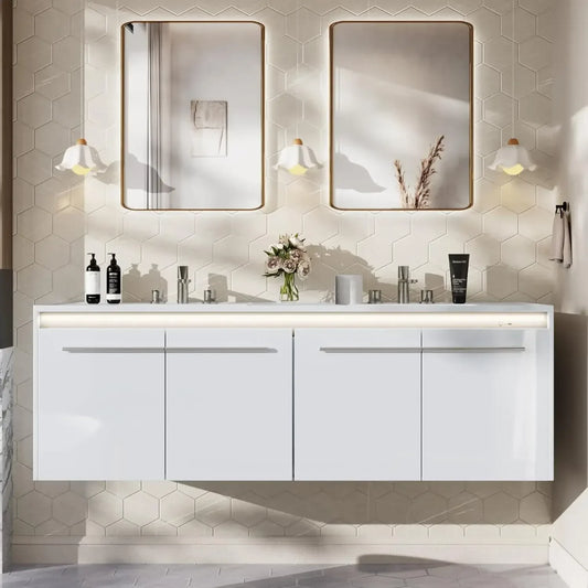 60"LED Floating Bathroom Double Vanity with Sink Combo, Modern High Gloss Wall Mounted Bathroom Storage Cabinet with 3 Hole Sink