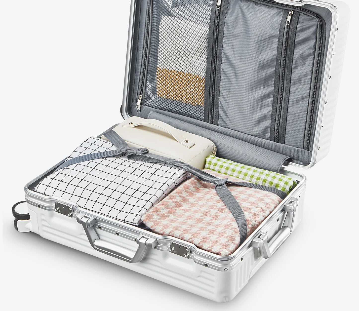 Front Opening Suitcase Aluminum Alloy Widen Trolley Rolling Luggage with Cup Holder TSA Lock Spinner Wheels Carry-on Case Bag