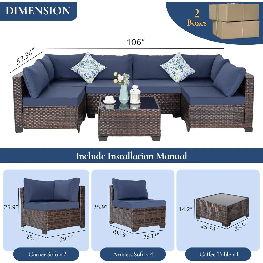 7 pieces outdoor patio furniture set, wicker sectional sofa set rattan modular patio conversation sets with cushions couch set &