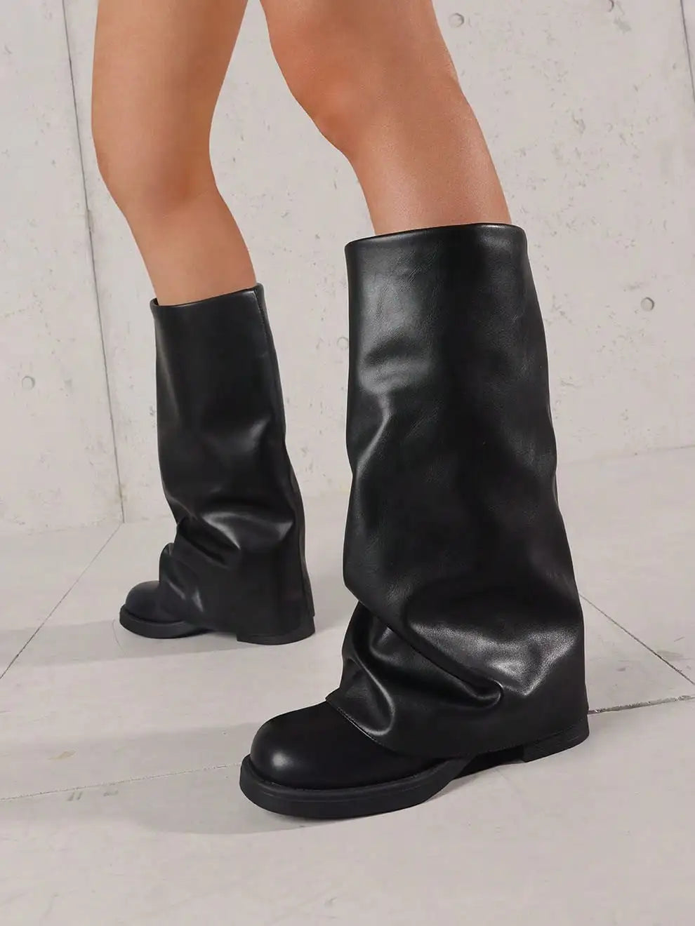 Stylish Fold Over Women Boots Chunky Heels Wide Calf Shark Ruched Slouchy Mid Calf Boots For Women Pull-On Comfort Dress Shoes