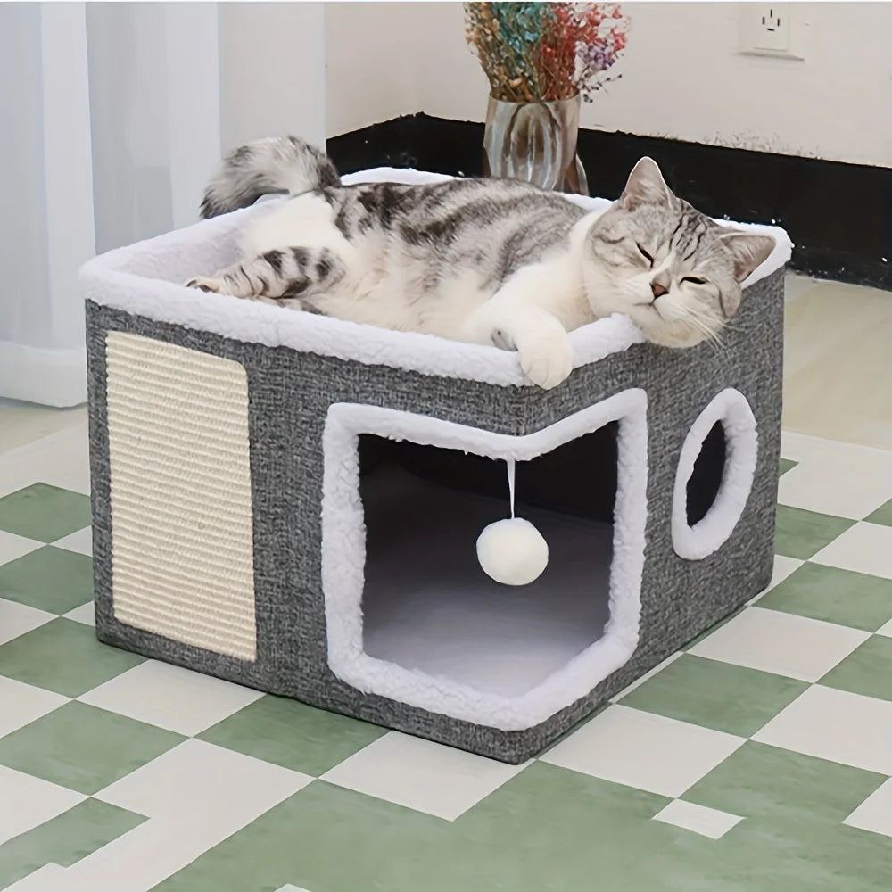 Luxury Double-Layered Cat Bed - All-Season Enclosed Nest with Sisal Scratching Board & Non-Slip Base, Includes Mat - Grey