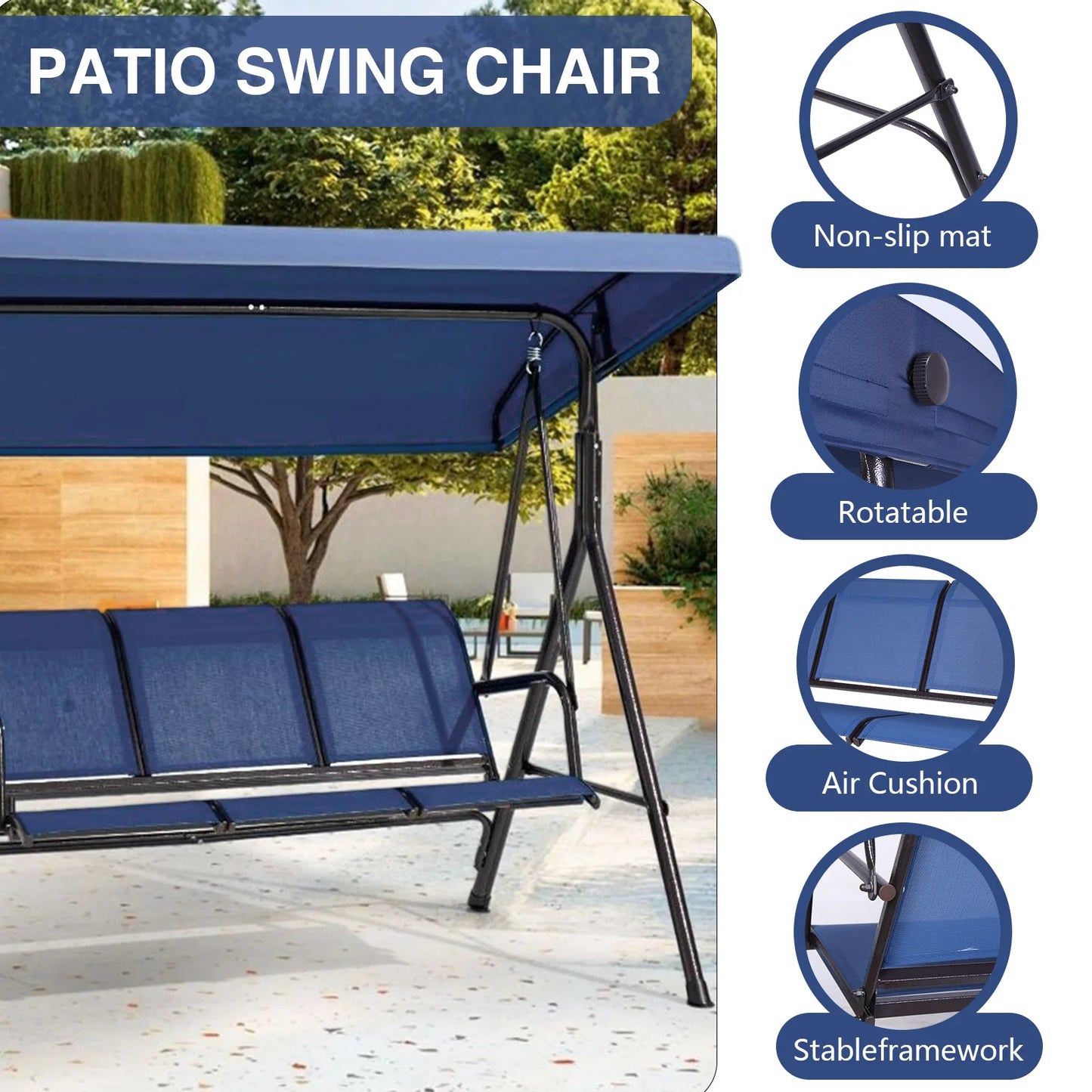 3-Seat Outdoor Porch Swing with Adjustable Canopy Bench Swing Chair Patio Swing Chair for Home Garden Poolside Balcony Backyard