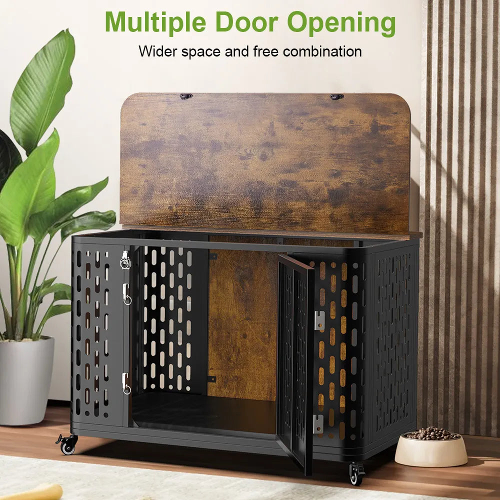 Dog Crate Pet Furniture with Cushion Wood Dog Kennel with Flexible Wheels Multi-Purpose Dog Cage for Large Small Medium Dogs