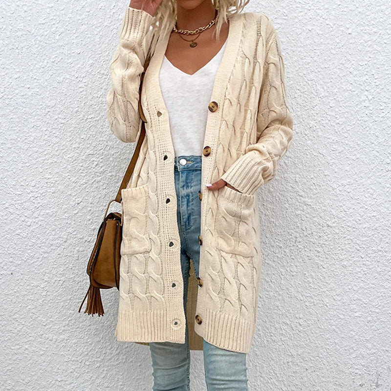 European and American Knitwear Autumn and Winter Long Fried Dough Twists Sweater Women's Button Cardigan