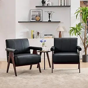 black leather accent chairs set of 2, mid century modern accent chair, side arm chairs for living room, office guest waiting ro