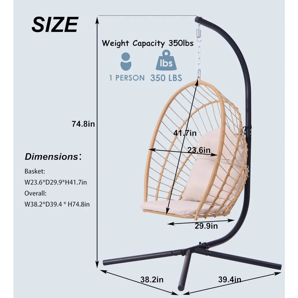 Egg Hanging Chair with Stand - Patio Wicker Swing Hammock Chair. 350lbs Capacity, Cushioned. Ideal for Bedroom, B