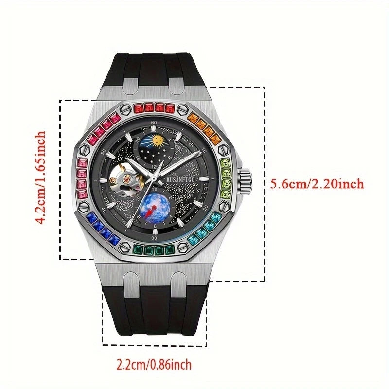 Men's Automatic Watch, Waterproof Watch, Rhinestone, Super Luminous Sun, Moon and Stars, Dial, Skeleton, Men's Gift Watch