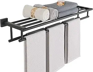 Stainless Steel Double Towel Bar with Shelf, Wall Mount Bathroom Towel Holder, Matte Black for Modern Home Decor