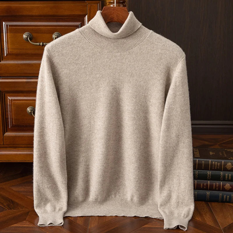 Men 100% Merino Wool Sweater Turtleneck Knitted Pullover Cashmere Warm Solid Color Clothes Business Bottoming Tops Autumn Winter