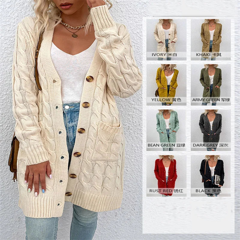 European and American Knitwear Autumn and Winter Long Fried Dough Twists Sweater Women's Button Cardigan