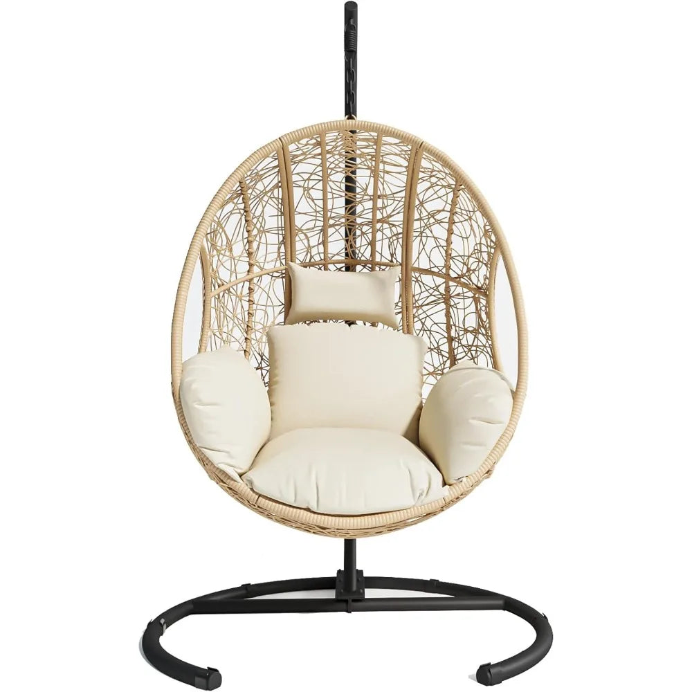 Natural Pe Wicker Swing Egg Chair, Nest-Shaped, Puffy Cushion, Hammock Chair, Modern, for Outdoor & Indoor, Patio, Garden