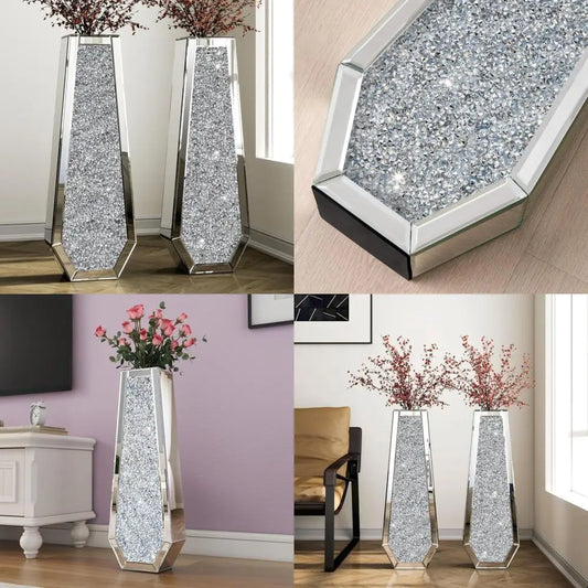 Mirrored Floor Vases Set of 2, Large Silver Crystal Glass Decorative Tall Vases for Home Accents