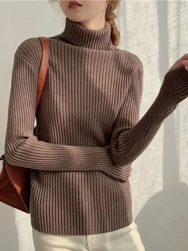Autumn Winter Warm Thick Women Sweater Pullover Basic Korea Ribbed Sweaters Cotton Tops Knitted Solid Turtleneck with Thumb Hole