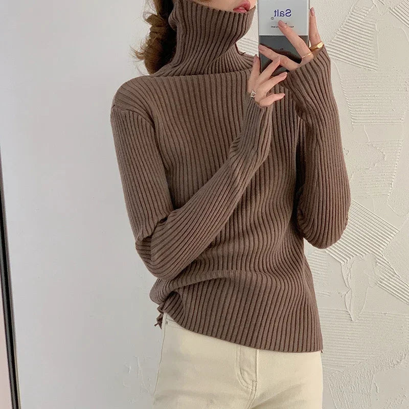 Autumn Winter Warm Thick Women Sweater Pullover Basic Korea Ribbed Sweaters Cotton Tops Knitted Solid Turtleneck with Thumb Hole