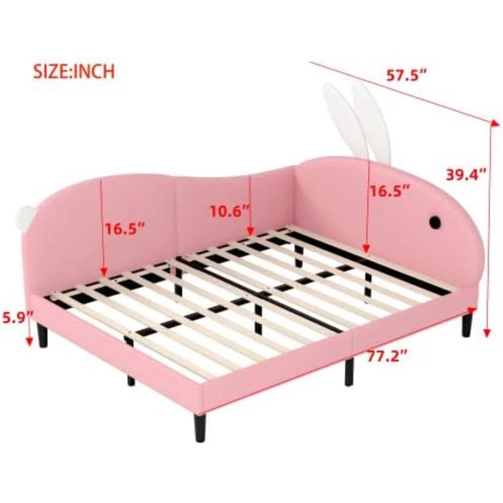 Upholstered Rabbit Ear Headboard Kids Daybed, Full Size Bed Frame for Girls in Pink