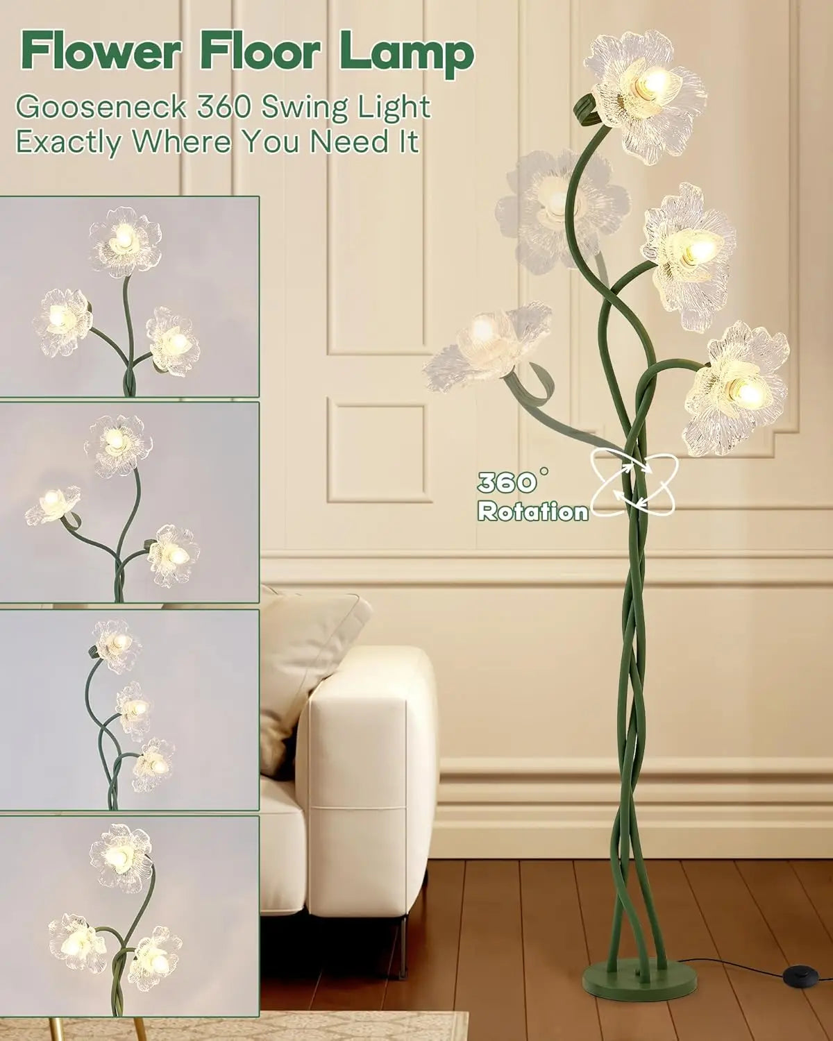 Flower Floor Lamp with Adjustable Gooseneck, 3-Color Temperature Standing Lamp for Living Room, Bedroom – Green