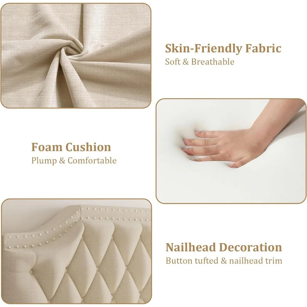 Queen Size Upholstered Button Tufted Canopy Bed Frame with Headboard, Nailhead Trim, No Box Spring Needed