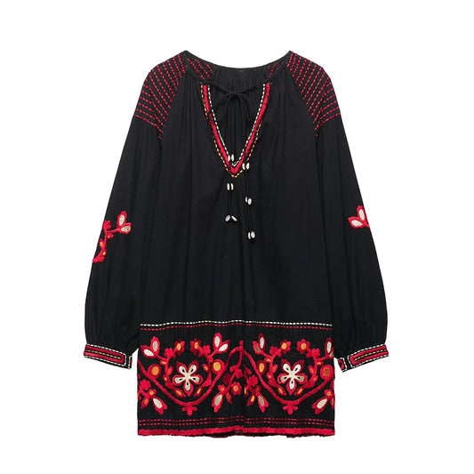 Women's clothing 2025 summer new ethnic loose retro style embroidered short dress