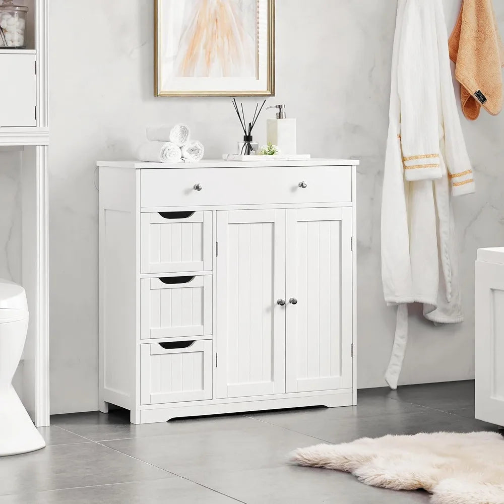 large wooden bathroom floor cabinet with ample storage: featuring 1 large drawer, 3 small drawers, and 2 doors for organization