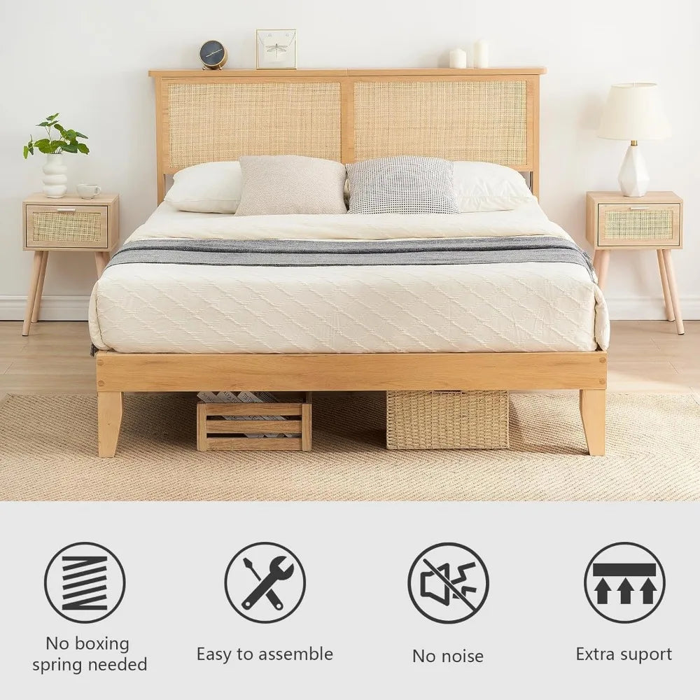 Queen Size Rattan Bed Frame with Natural Headboard, Bohemian Style, LED Lighted Wooden Bed