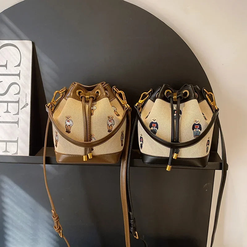 Women's Small Bucket Bag | Collision-color Design, Bear Embroidery Accents, Premium Faux Leather, Simple Casual Style, Versatile