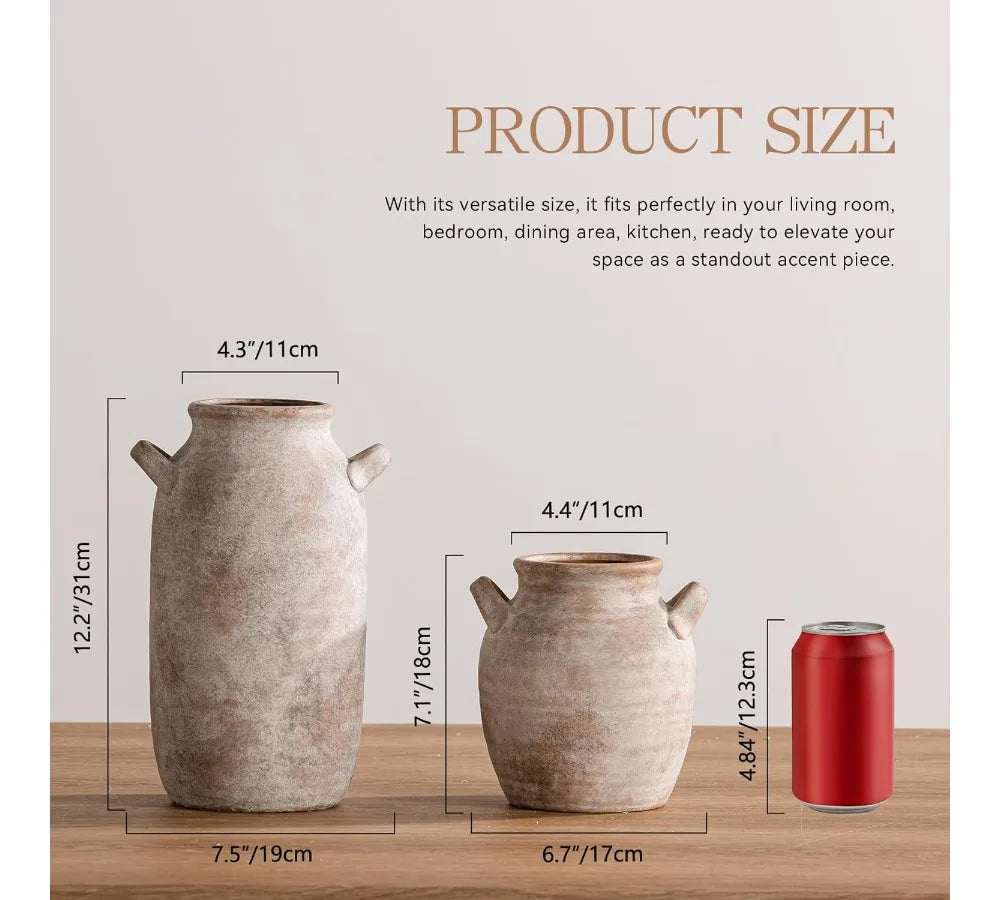 Large Ceramic Farmhouse Vase 12 Inch Tall Rustic Home Decor with Handle for Living Room Kitchen