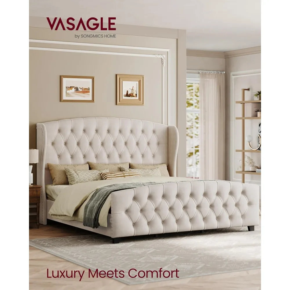 King Size Upholstered Platform Bed Frame with Tall Wingback Tufted Headboard and Footboard
