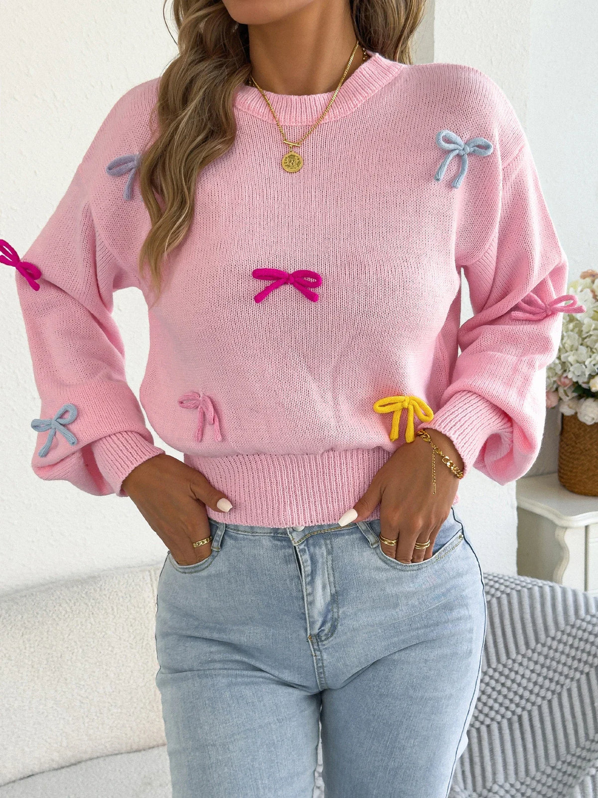 2025 Fashion Contrast Color Bows Knitted Sweaters Round Neck Lantern Long Sleeve Tops for Autumn Winter Casual Women Clothes