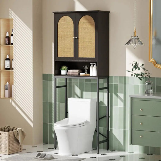 Black Rattan Wood Over-the-Rack Bathroom Storage Cabinet with Adjustable Shelf and Metal Stand