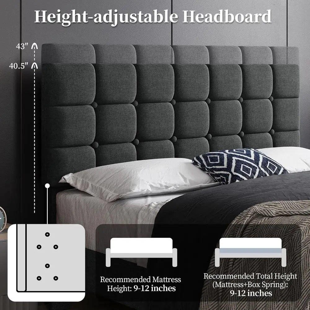 Modern Queen Upholstered Bed Frame with Adjustable Headboard, Button-Tufted, Dark Grey, No Box Spring Needed