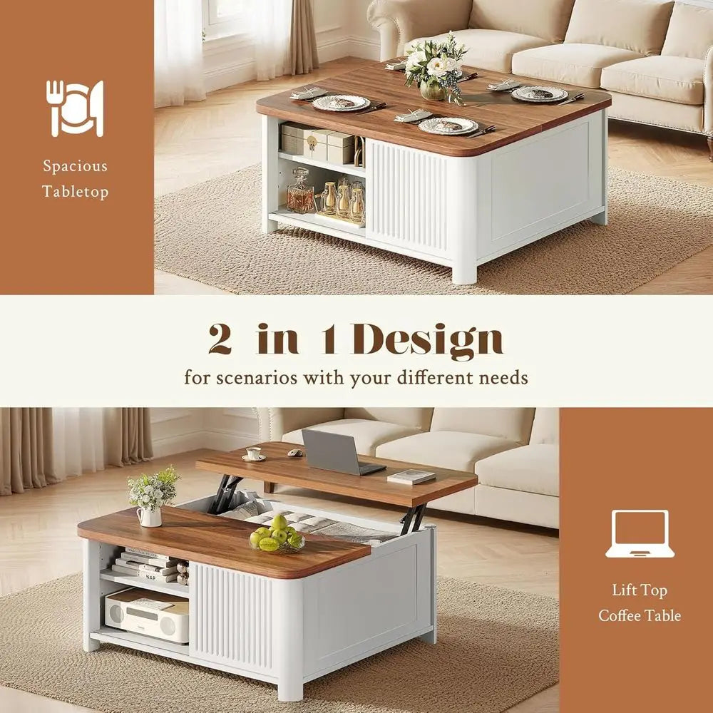 Mid-Century Modern Lift-Top Coffee Table with Storage, 31.5 Square, White, for Living Room with Hidden Compartment & Adjustable