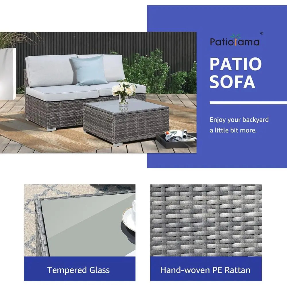 All-Weather Grey PE Wicker Outdoor Sectional Sofa Set with Light Grey Cushions for Patio, Balcony, and Garden