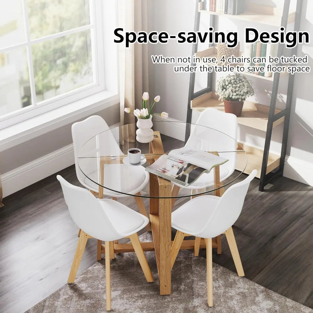 42 Round Glass Dining Table Set for 4-6, 0.3” Modern Tempered Glass Tabletop with 4 Padded Chairs, ModernTable and Chai