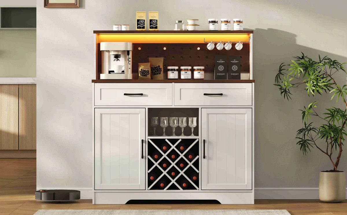 1PC Farmhouse Coffee Bar Cabinet with LED Light Tall Kitchen Hutch Large Storage Doors Drawers Wine Glass Rack Solid Wood Veneer