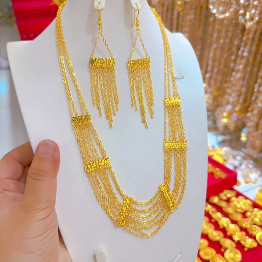 New Dubai Spain USA 24K Gold Plated Alloy Necklace Earrings Wedding Party Women's Jewelry Set YY10676