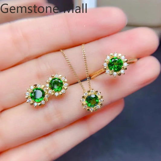 Total 2ct Natural Chrome Diopside Jewelry Set 925 Silver 5mm VVS Grade Diopside Ring Earrings Pendant with Gold Plating