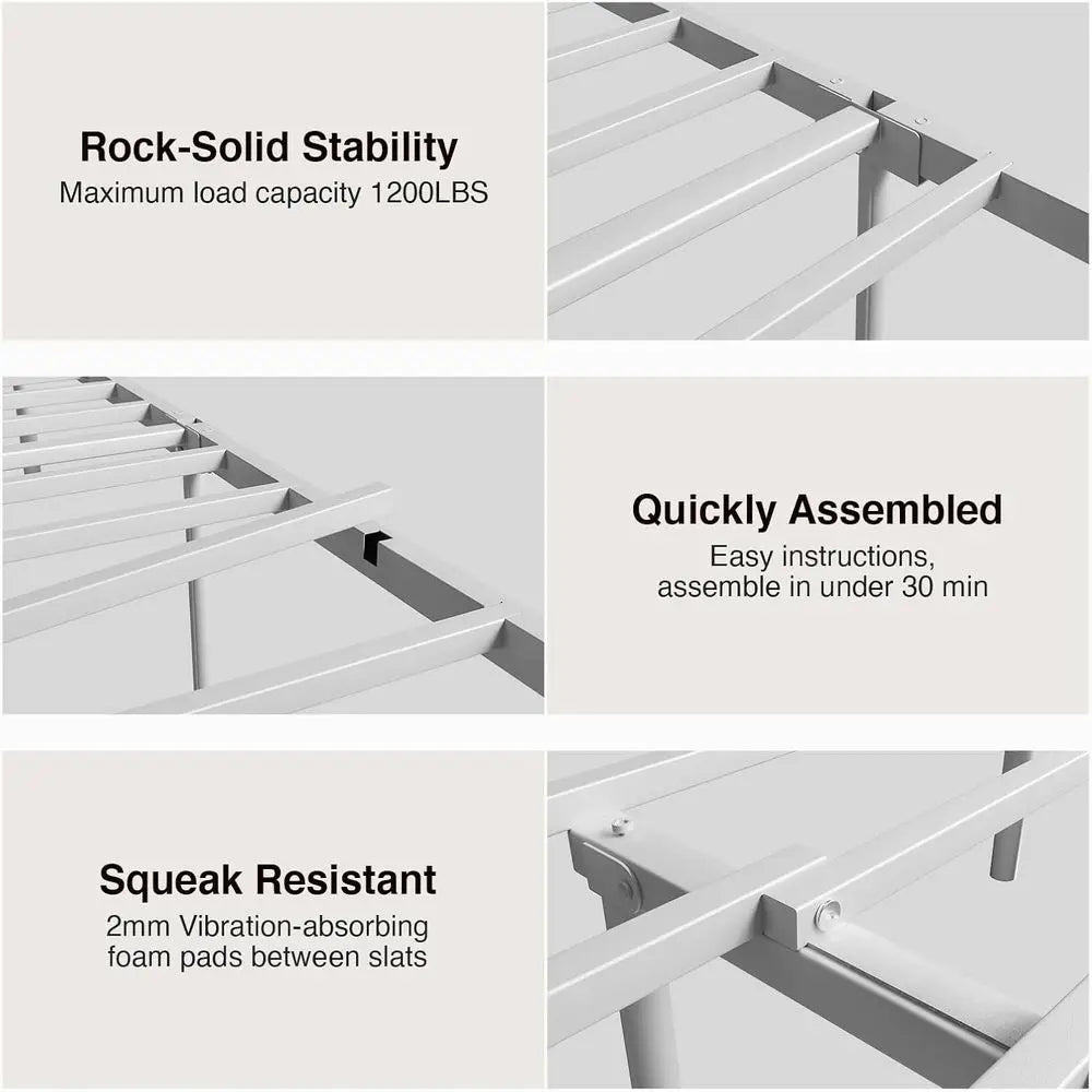 Queen Size Modern Victorian Metal Bed Frame - Sleek Minimalist Style, Headboard/Footboard, Steel Slats, Storage, Easy Assembly,