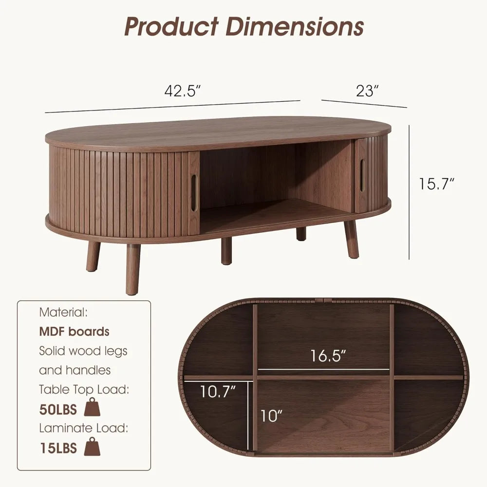 mid-century modern coffee table with sliding door and fluted hidden storage