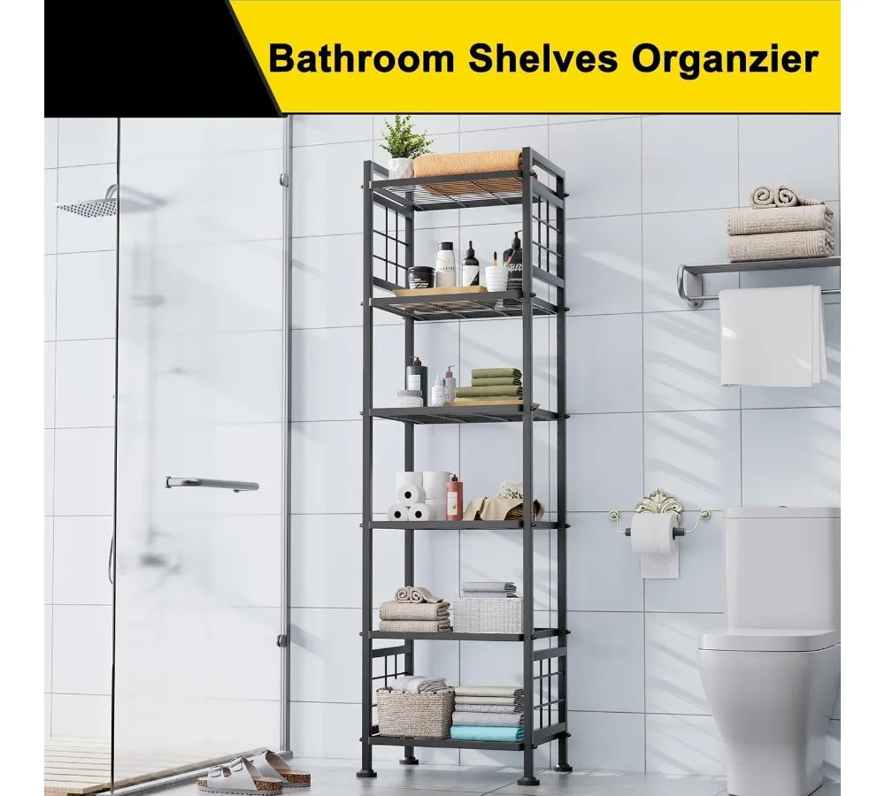 6-Tier Metal Storage Shelf for Bathroom & Kitchen Organization, Heavy-Duty Wire Rack with Adjustable Feet, Black