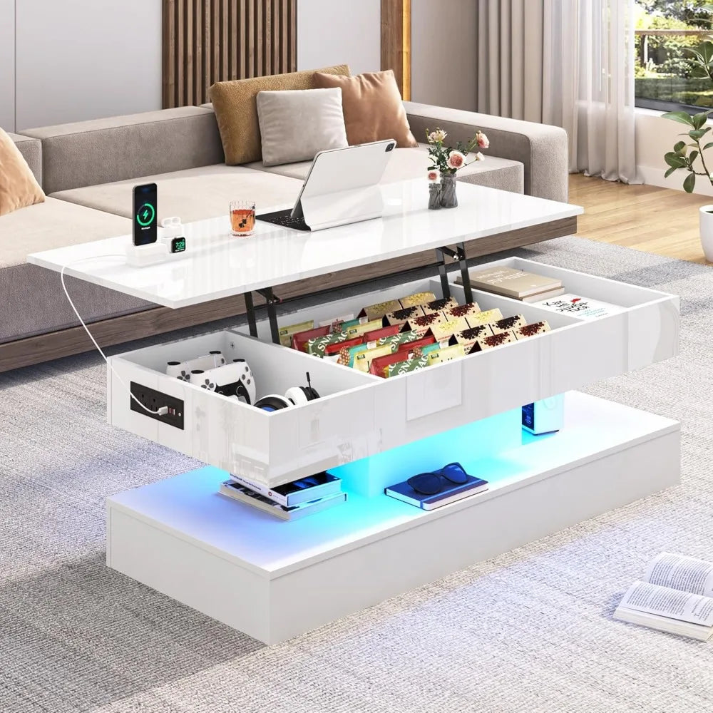 Large Modern High Gloss White Coffee Table with Lift Top and LED Lighting, Storage Drawer for Living Room
