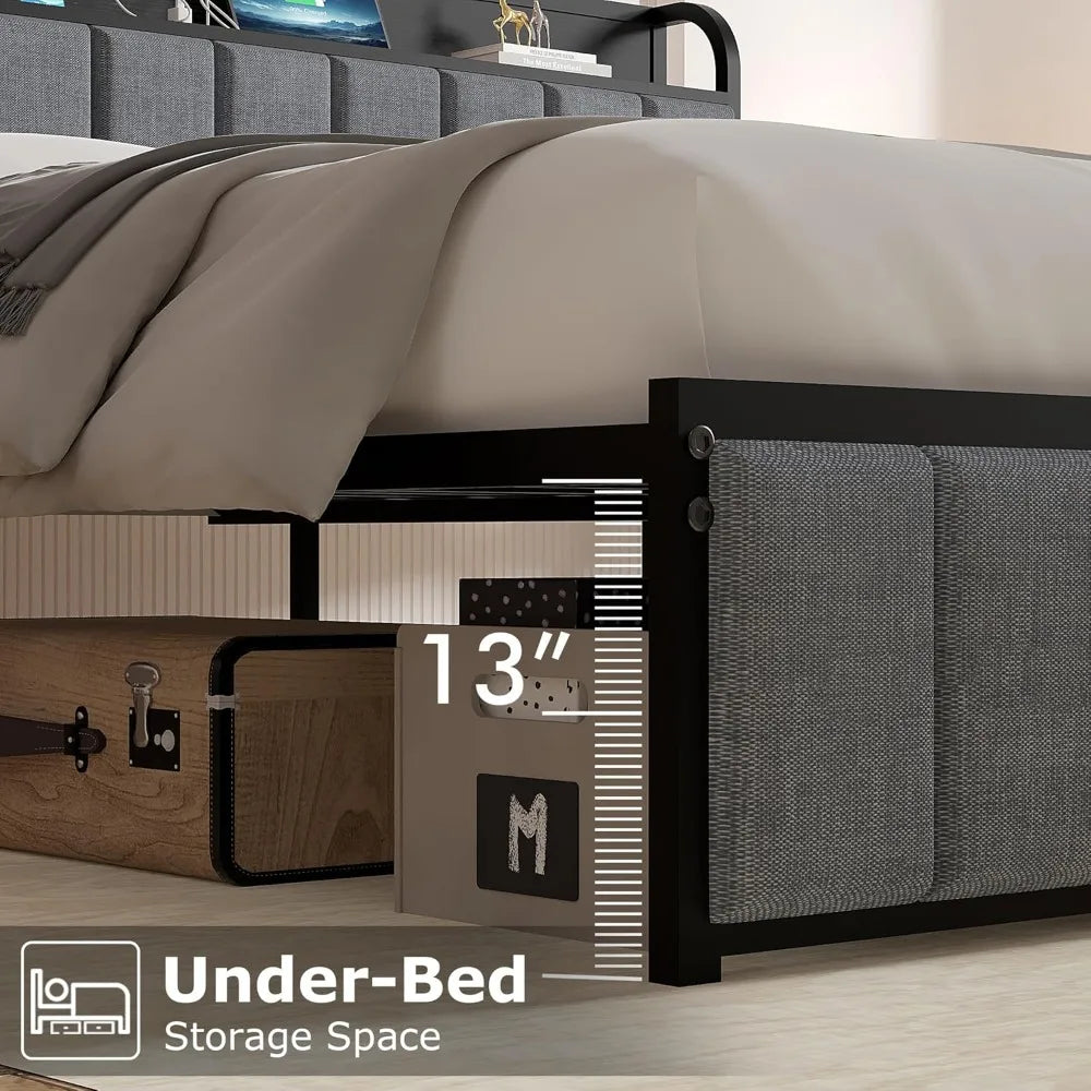 VECELO Storage Platform Bed Frame with Upholstered Headboard and Charging Station, Metal Slat Support, No Box Spring Needed