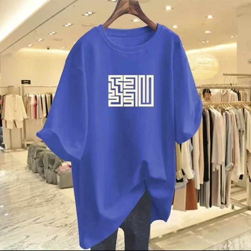 Women's Clothing Fashion All-match Pure Cotton Basic T-shirts Summer Casual Loose Geometric Print Top Tee Office Lady Pullovers