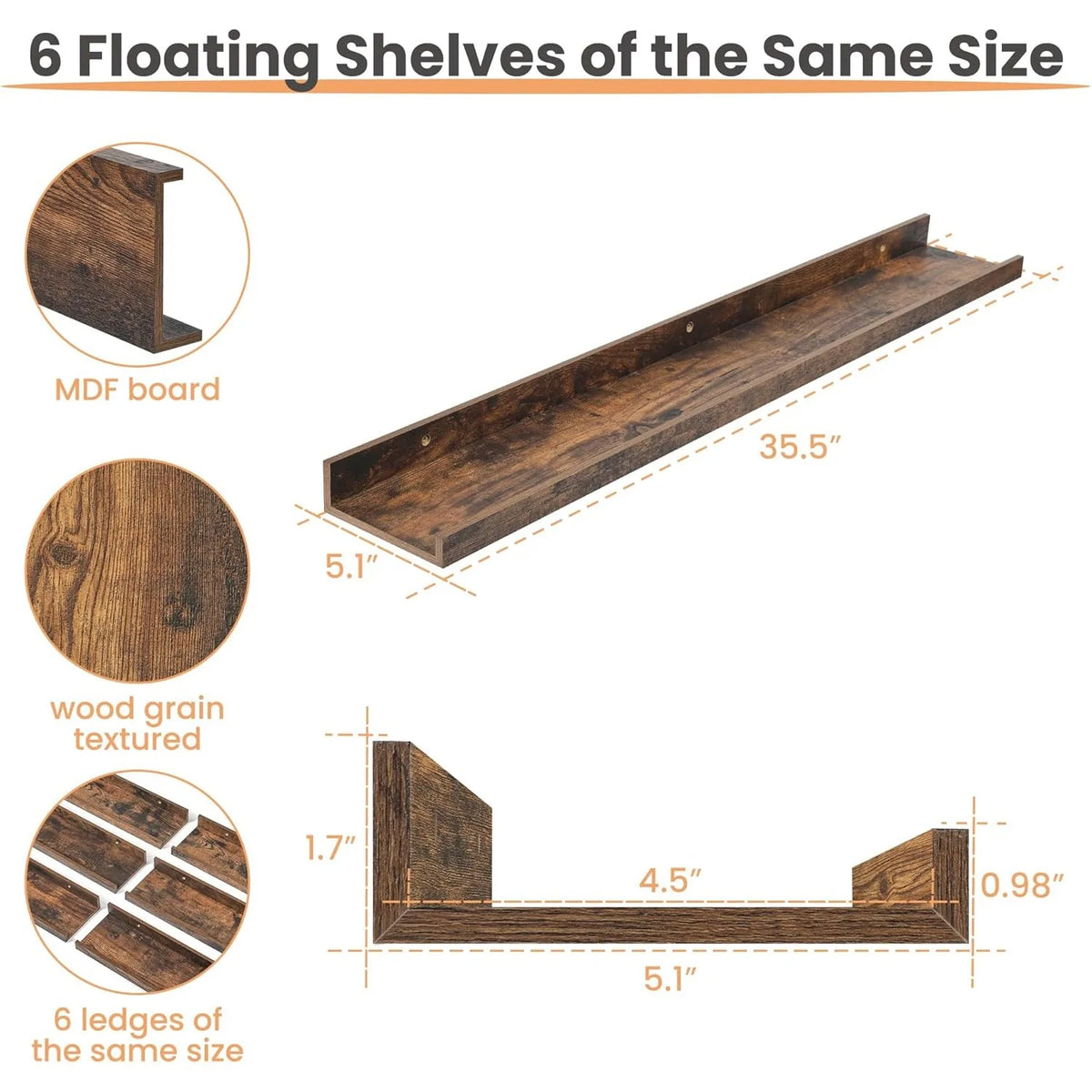 Floating Shelves for Wall, Wood Mounted Shelf Decor Storage Set of 6, for Living Room, 35.5 inch Long Picture Ledge, Brown