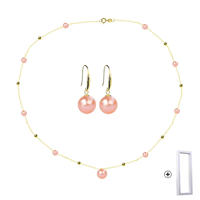 NYMPH 18K Gold Pearl Jewelry Set Natural Freshwater Pearl Necklace Pure AU750 Earrings for Women Wedding Gift t424