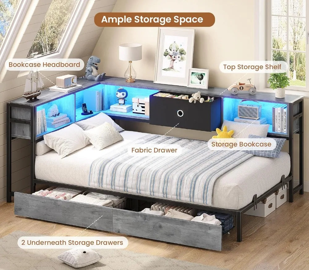Twin Corner Bed Frame with Storage Drawers, Bookcase Headboard, Charging Station & LED Lights for Kids Teens