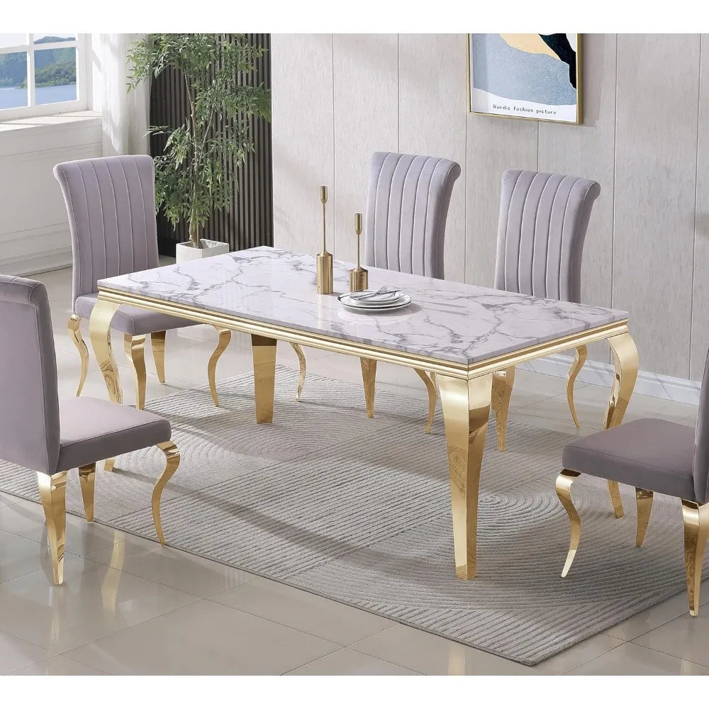 Marble Dining Table for 4 6, 70 Inch White Gold Kitchen Table with Faux Marble Top & Cabriole Stainless Steel Legs, Modern Recta