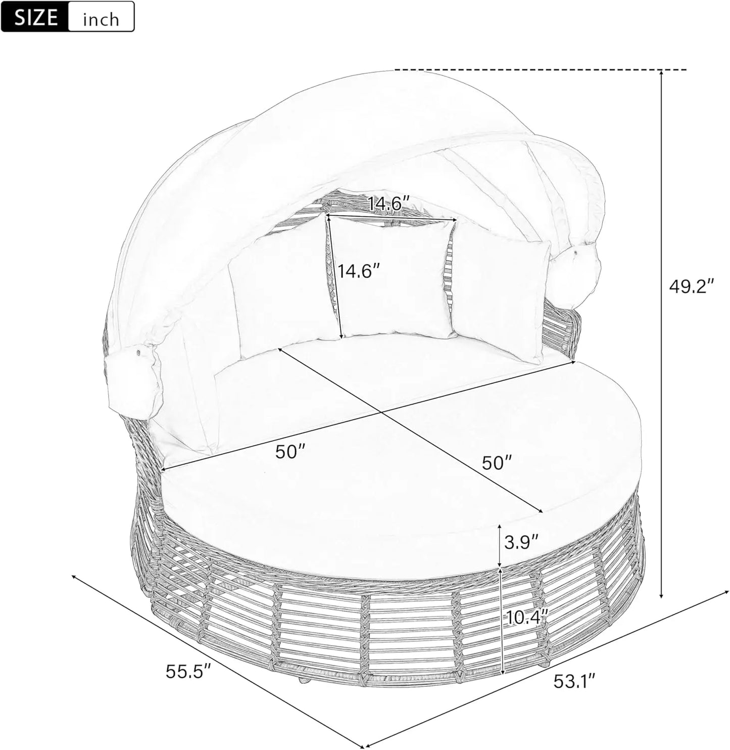 Outdoor Patio Rattan Round Daybed with Retractable Canopy Wicker Furniture Round Poolside Sofa Sunbed with Removable Cushions (B