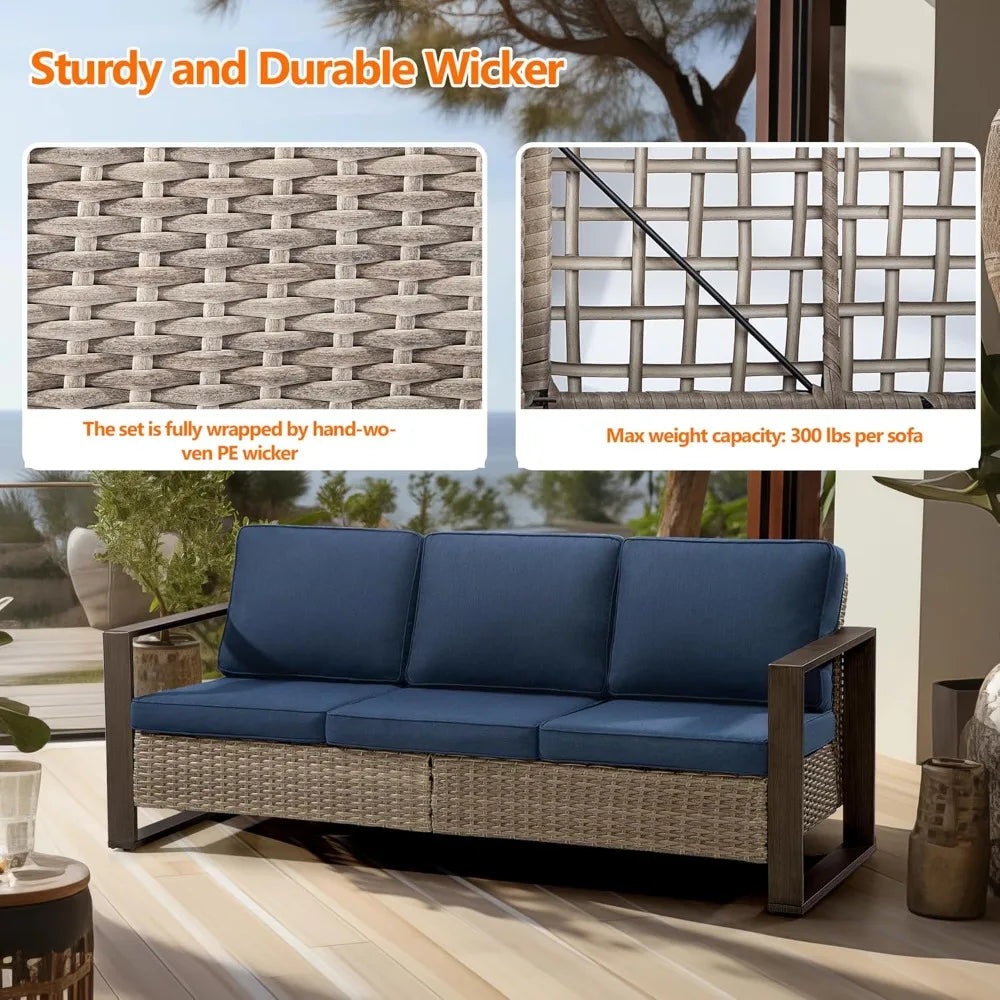 Patio Metal Wicker Sofa, Outdoor Rattan 3-Seat Sofa Couch with Premium Cushions & Rectangular Framed Wood-Looking Metal Armrest