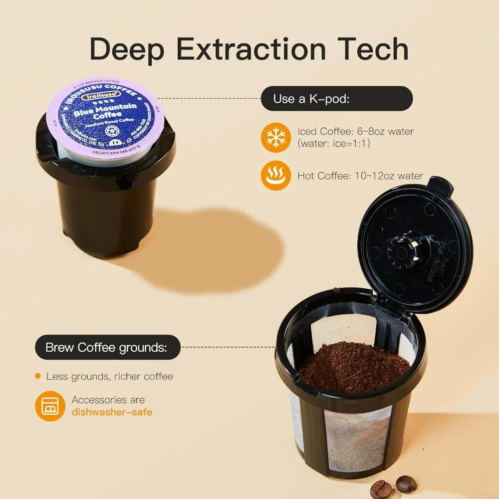 Mini Hot and Iced Coffee Maker Single Serve, for K Cup and Ground, 6 to 14 Oz Brew Sizes, with Recipe Book, for Home, Travel, RV
