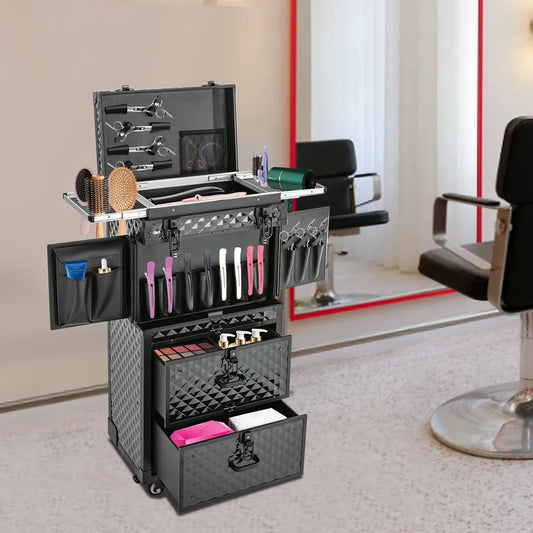 Rolling Lockable Makeup Train Case, Hairdressing Travel Case with Wheels, Cosmetology Case, Hair Stylist Travel Case Trolley